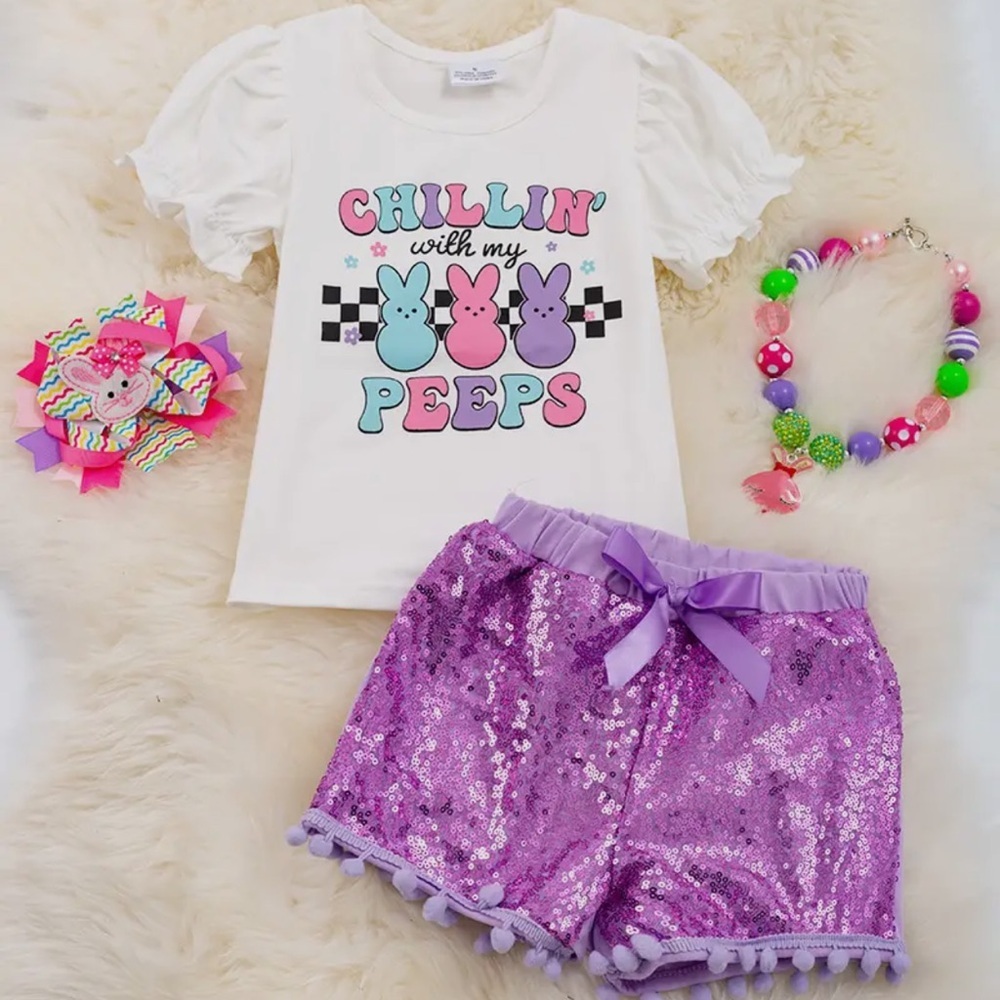 Chillin with My Peeps  Short Ruffle Sleeve Top
And Purple Sequins Shorts NWOT